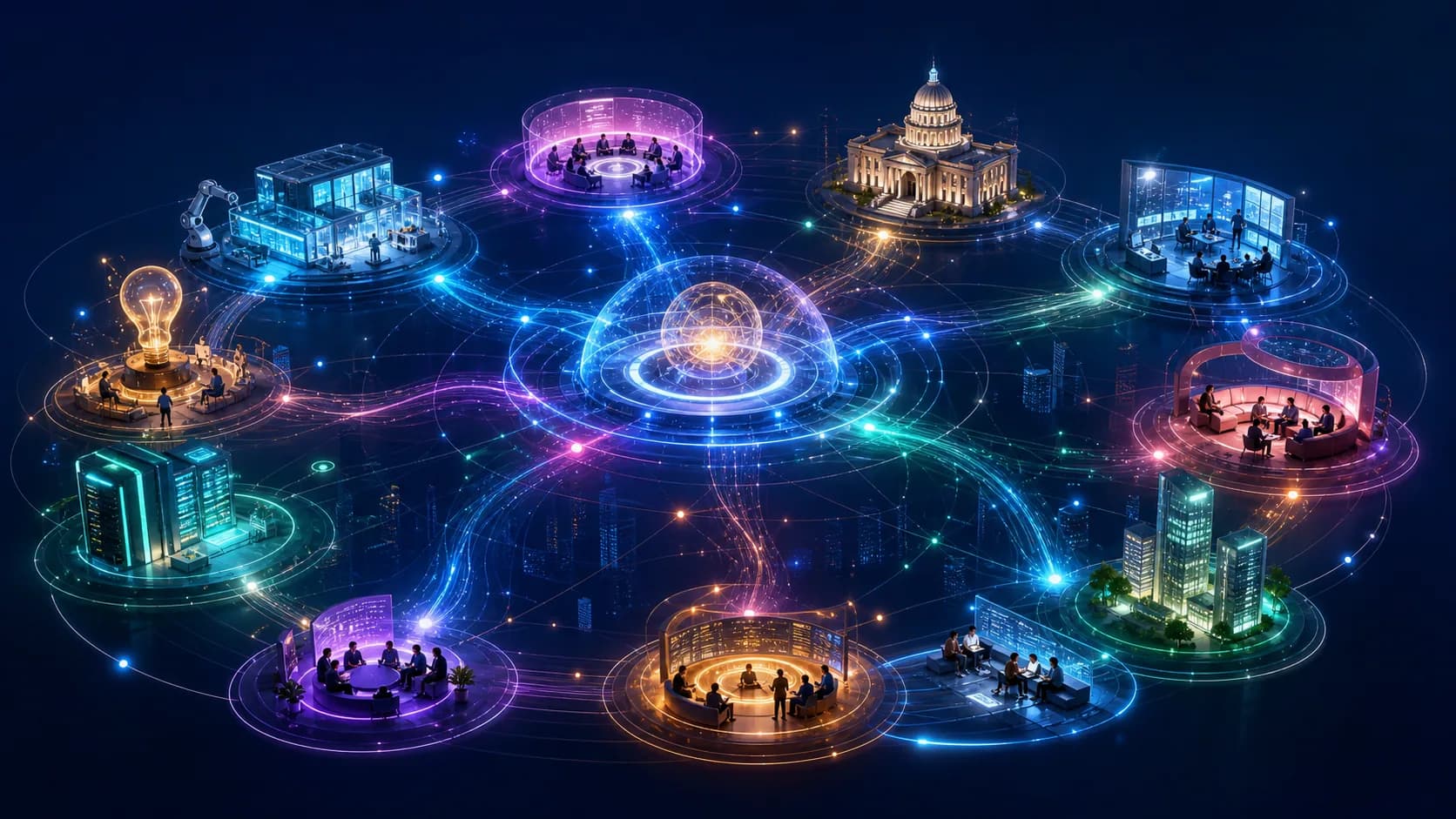 A luminous ecosystem network connecting startup, incubator, hub, government, lab, investor, mentor, corporate, student, and guest pathways.