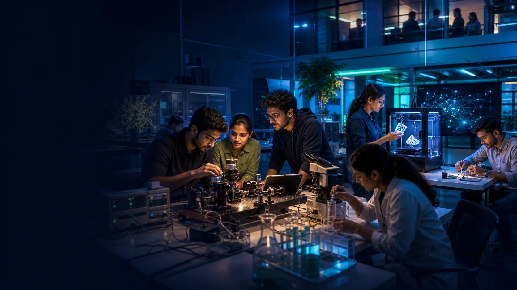 Founders and researchers testing prototypes in a shared advanced research and development lab.