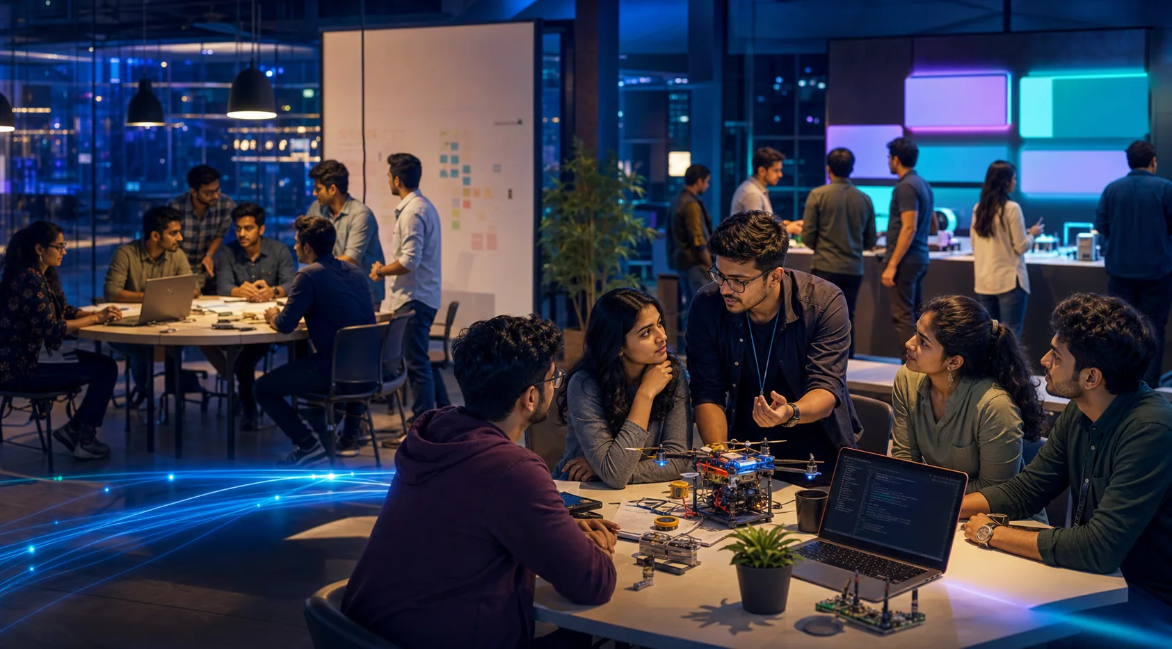 Startup cohort members, mentors, and programme managers collaborating in a vibrant innovation hub workshop.