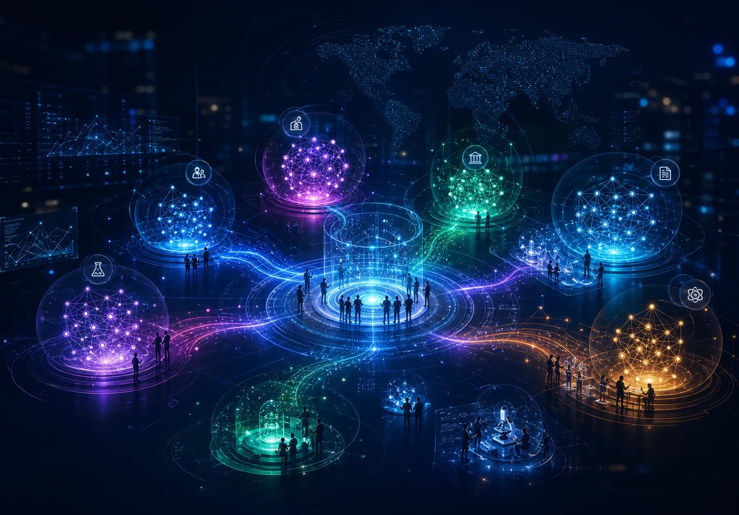 Abstract live ecosystem activity clusters representing aggregate startup, lab, programme, funding, and verification activity.